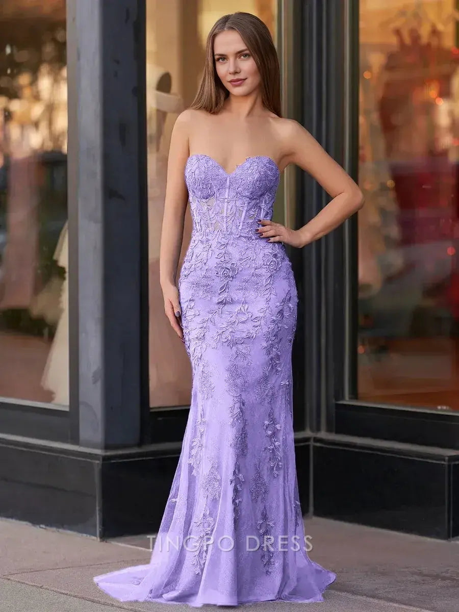 Elegant Sweetheart Neck Lace Appliqué Mermaid Maxi Dress with Criss - Cross Back Prom Dress
